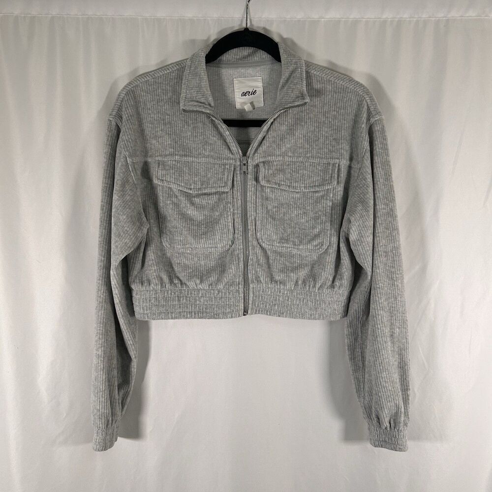 Aerie Cropped Jacket Women's XXS Grey Ribbed Full Zip Long Sleeve Cotton Blend